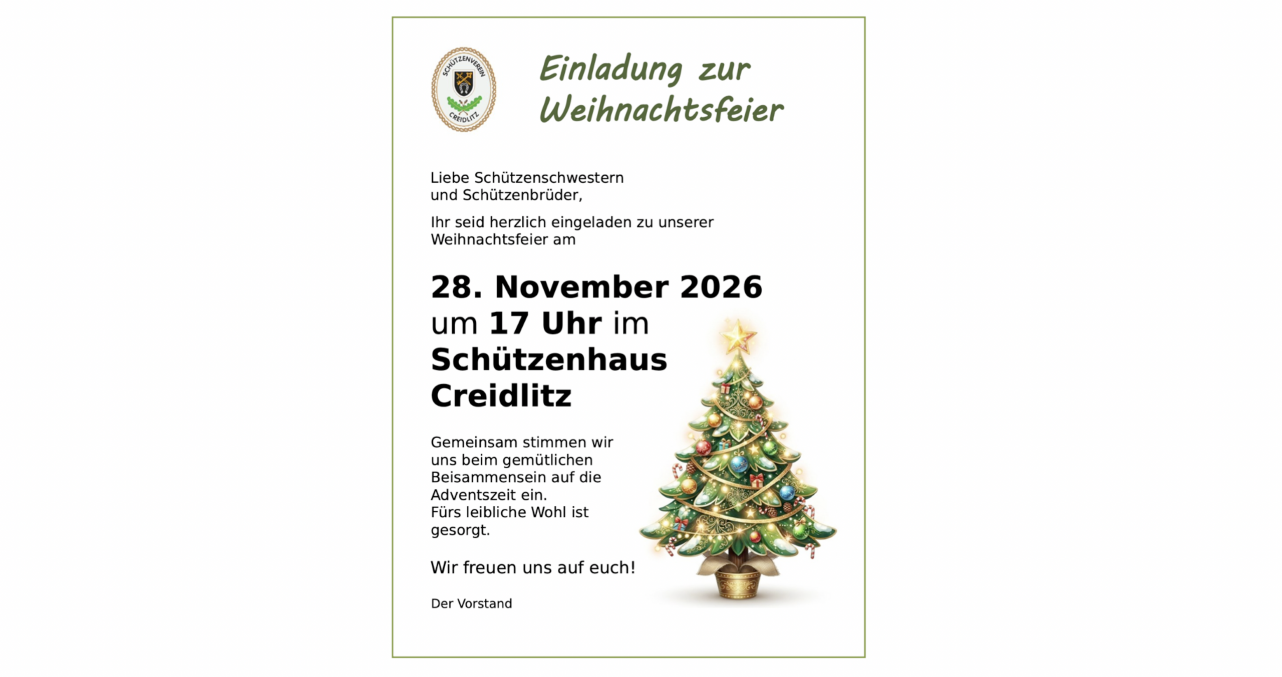Einladung zur Weihnachtsfeier des Schützenvereins am 28. November 2026 um 17 Uhr im Schützenhaus Creidlitz.